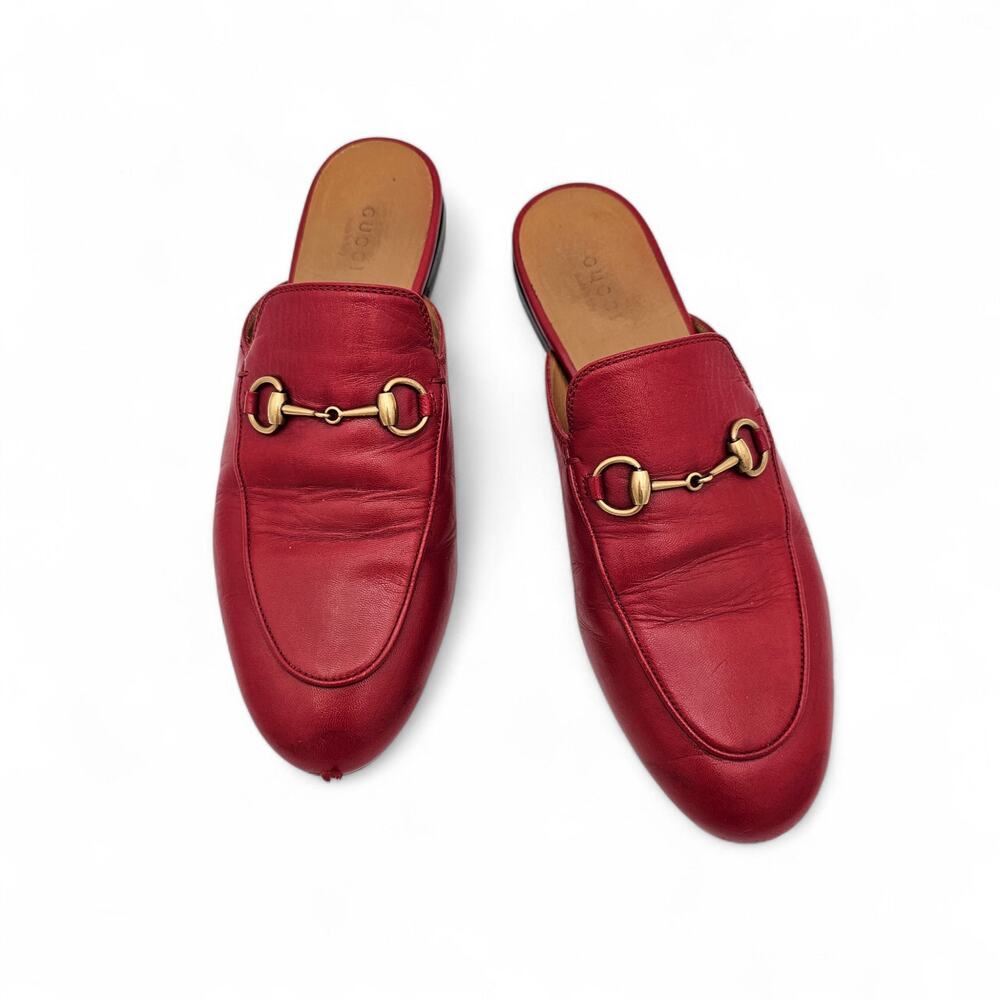 Gucci Princetown Horsebit Flat Mule Slipper Red Leather Gold Size 38.5 US 8.5